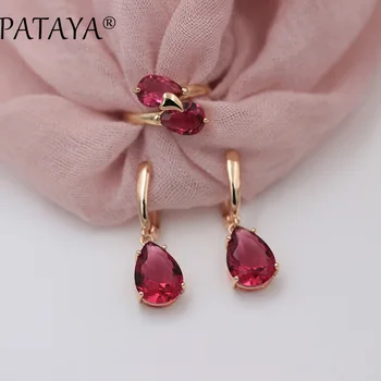 

PATAYA New 585 Rose Gold Romantic Wedding Party Jewelry Sets Rose Water Drop Natural Zircon Earrings Ring Set Exclusive Design