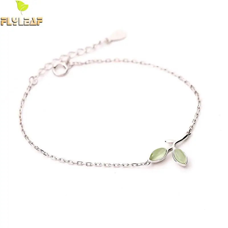 

Flyleaf 100% 925 Sterling Silver Sprout Leaves Natural Stone Opal Charm Bracelets For Women Simple Fashion Party Jewelry