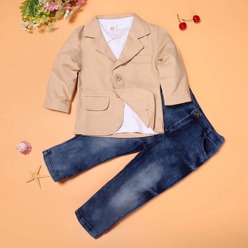 

DIIMUU Spring Fashion Infant Baby Boys Clothing Gentlemen Kids Outfits Toddler Cotton Suits Casual Shirts Coats Denim Pants Sets