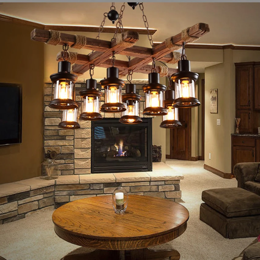 

Vintage Retro Bar Industrial Wind Chandeliers Solid Wood Pendant Lamps Personality Old Boat Wood Suspension Lighting Luminaire