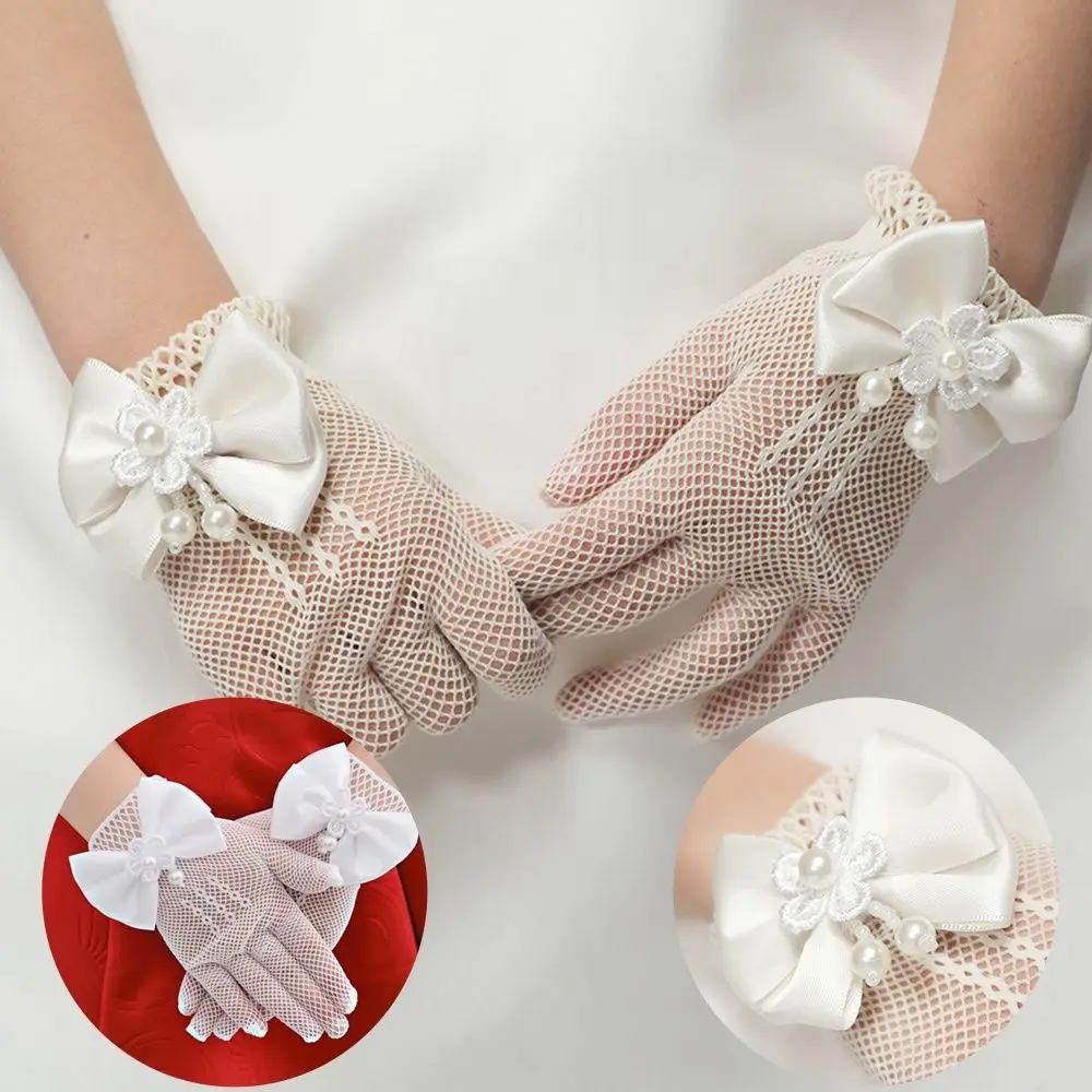 Модные высококачественные вечерние кремовые кружевные ажурные перчатки с жемчугом для причастия, Детские милые перчатки с бантиком для девочек