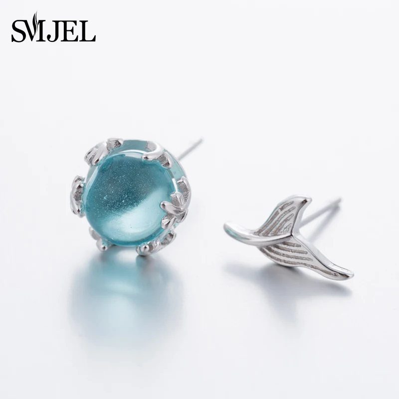 Женские серьги гвоздики SMJEL винтажные асимметричные с синими бусинами и хвостом