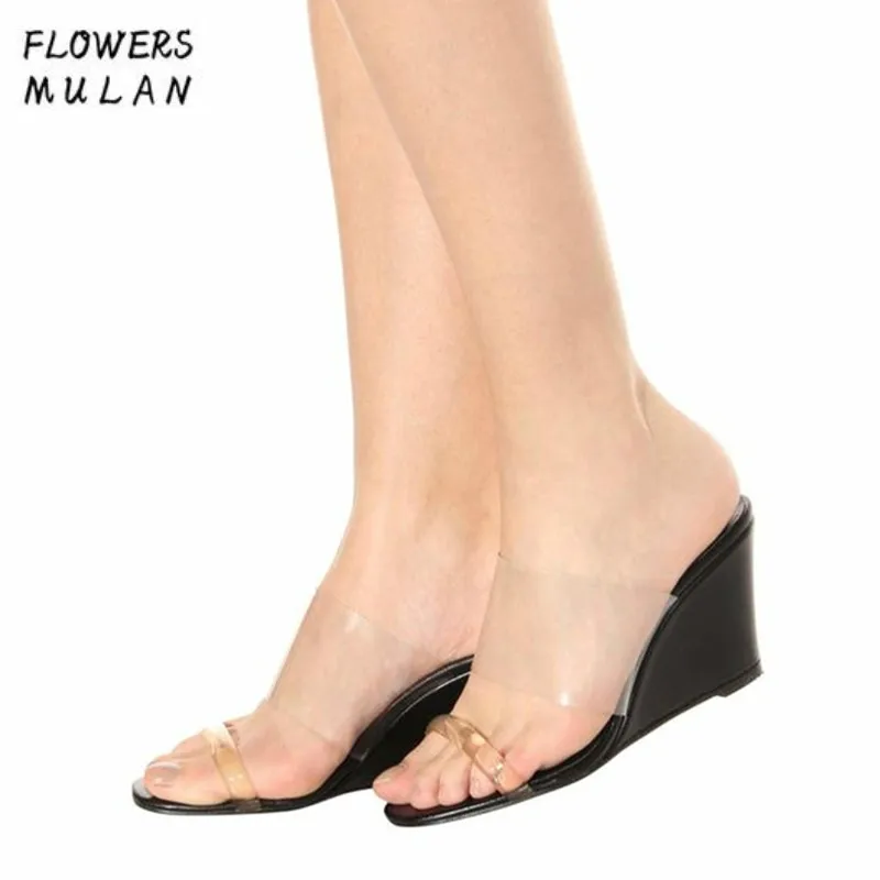 

Transparent PVC Upper Two Buckle Concise Women Slippers Sandals Shoes Women Peep Toe Slingbacks Wedges Heel Cool Summer Shoes
