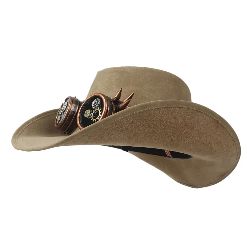 

100% Leather Men Steampunk Western Cowboy Hat Gentleman Dad Punk Glasses Fedora Sombrero Hombre Caps Size 58-59CM