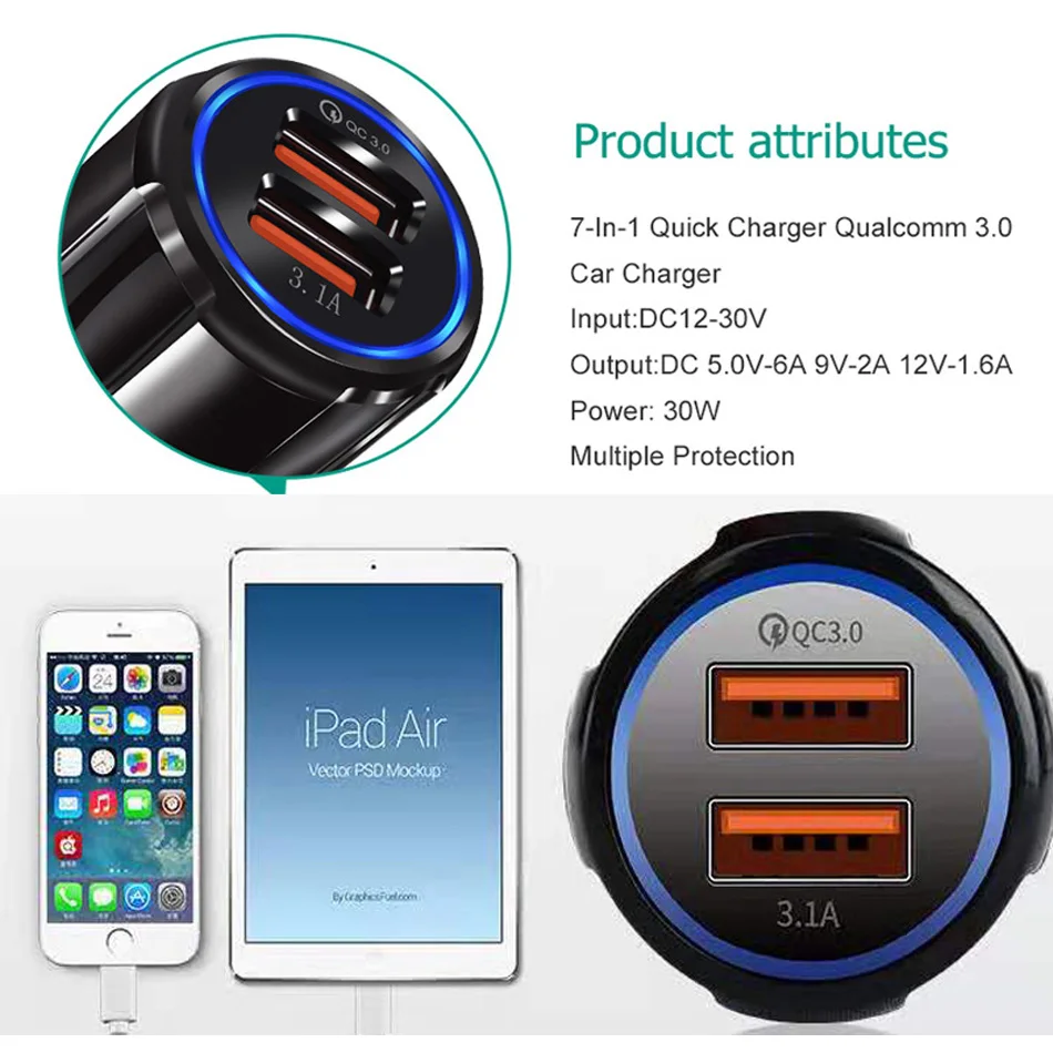 Car Charger Quick Charge 3.0 Dual USB Car-Charger for iPhone Oneplus 6T Mobile Phone QC 3.0 Fast Car Charging USB Charger Adapte3