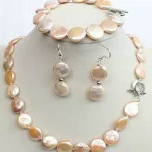 Турецкий Африканский бисер комплект ювелирных изделий натуральный 12 мм розовый пресноводный жемчуг-Монетка ожерелья Браслет 1"+ серьги кварц