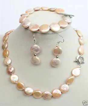 

turkish african beads jewelry set Natural 12MM pink Freshwater coin pearl necklaces bracelet 18"+earring Quartz Fine women