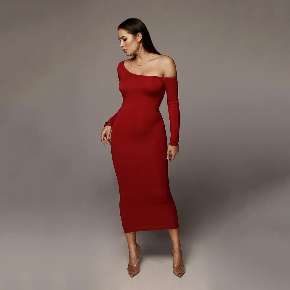 

Sexy Club Off Shoulder Sheath Bodycon Mid-Calf Length Women's Laides Solid Full Sleeve 3 Colors Dresses