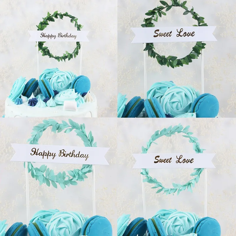 

1 box Pink Green Leaf Wreath "Happy Birthday" "Sweet Love" Cake Topper Dessert Decoration for Birthday Party Lovely Gifts