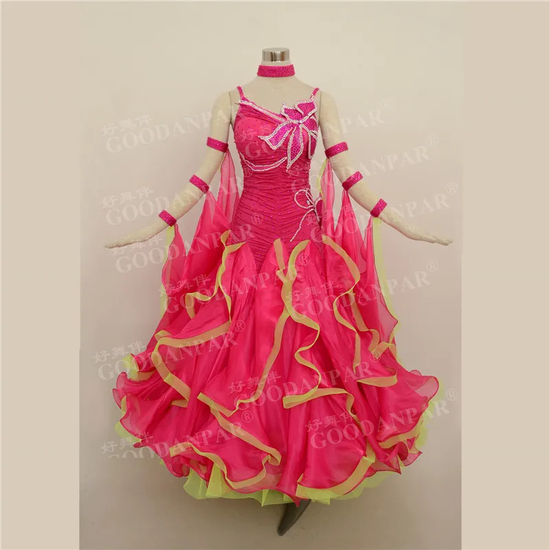 

GOODANPAR Women Girls Sleeveless Lycra Ribbon Ballroom Dance Dress With Bra Leotard Standard Competition Costume Waltz Clothes
