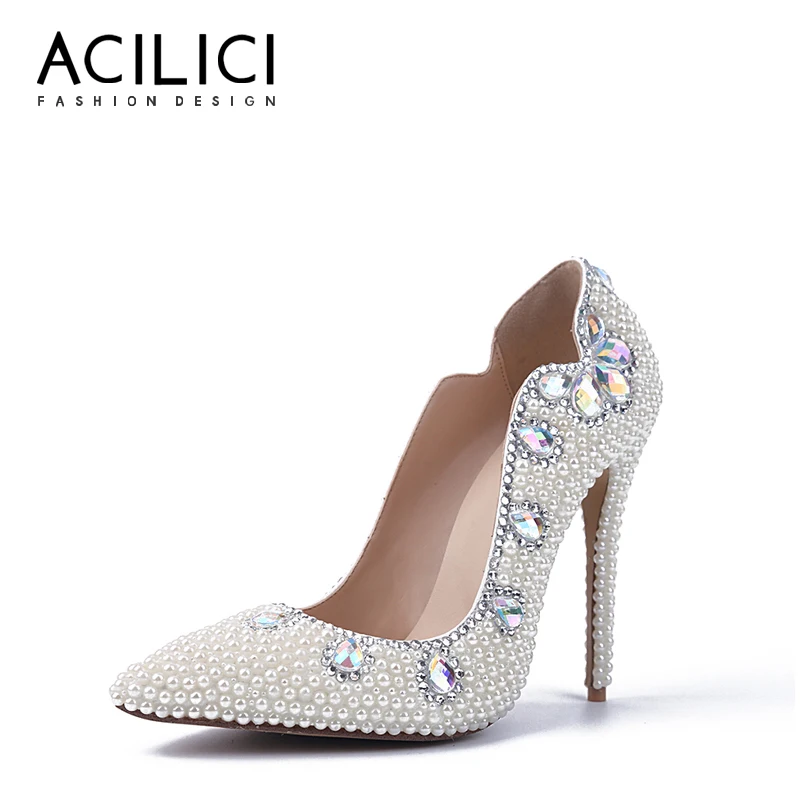 

Wedding Shoes Genuine Leather High Heel Pointed Toe Luxury Fashion Women Pumps with Pearls