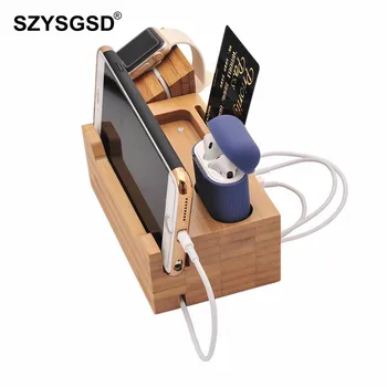 

SZYSGSD 2 in 1 Wood Charging Station For iPhone 6 6S 8 Mobile Phone Stand Desk For Apple Watch Charging Bluetooth Earpods Holder