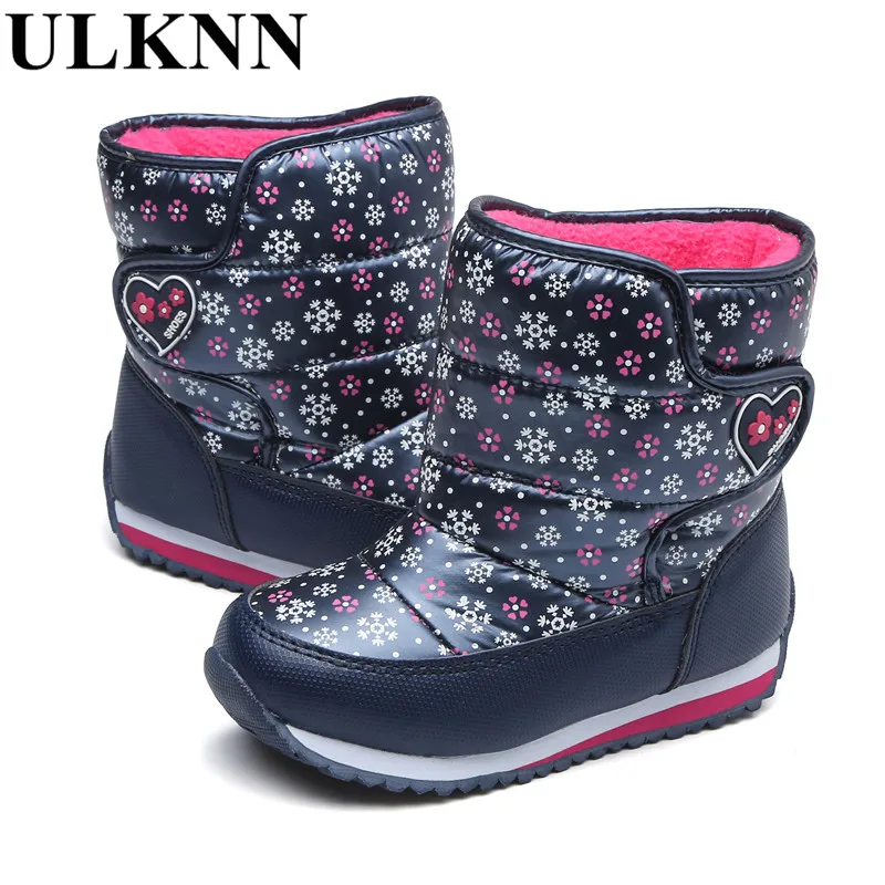 

ULKNN Waterproof Mid-Calf Rubber Girls Children's Winter Boots Snow Kids Shoes Plush Snowflake Warm Outdoor White Red chaussure