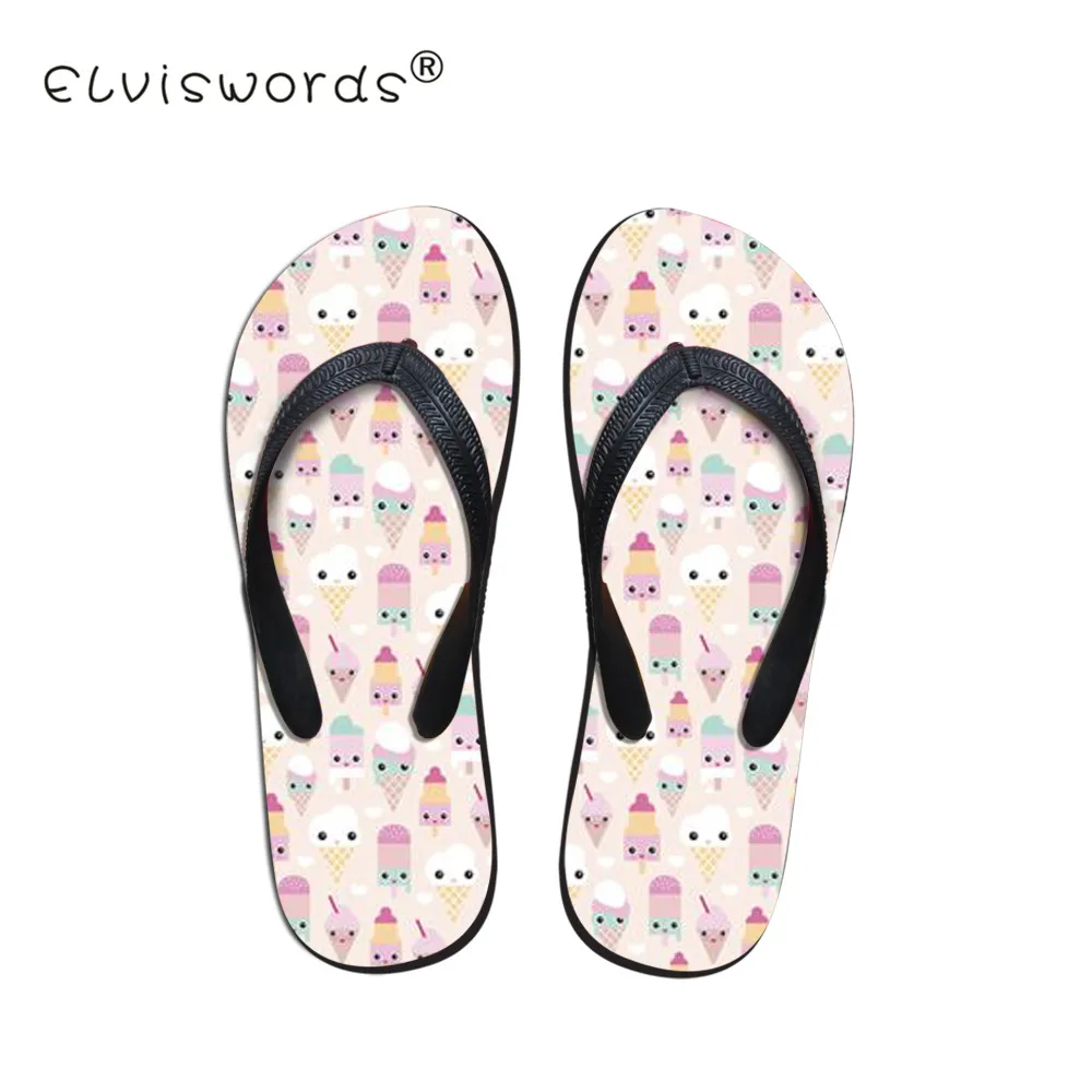 

ELVISWORD Cartoon Ice Cream Printed Flip Flops Women Cute Pattern Summer Flats for Teenager Girls Sweet Home Slipper Beach Shoes