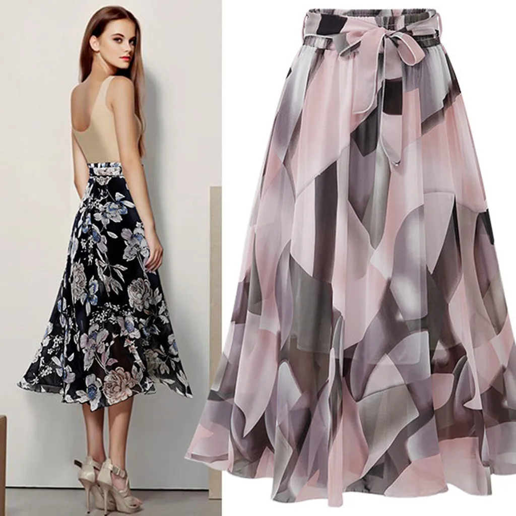 Летняя стильная женская юбка, Женская Однотонная юбка до колена, женская мягкая эластичная Расклешенная юбка средней длины с принтом, черная, розовая, свободный размер