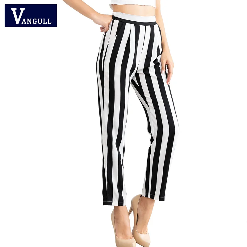

Vangull 2019 Spring New Women Black White Striped Pants Fashion Clothing High Waist Trousers Good Quality Casual Harem Pants