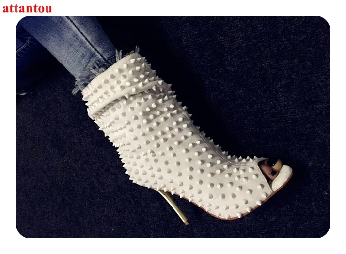 

Peep Toe Woman Short Boots White Rivet Decor Female Ankle Booties Thin Heel Model Party Show Shoes Fashion Motorcycle Boot