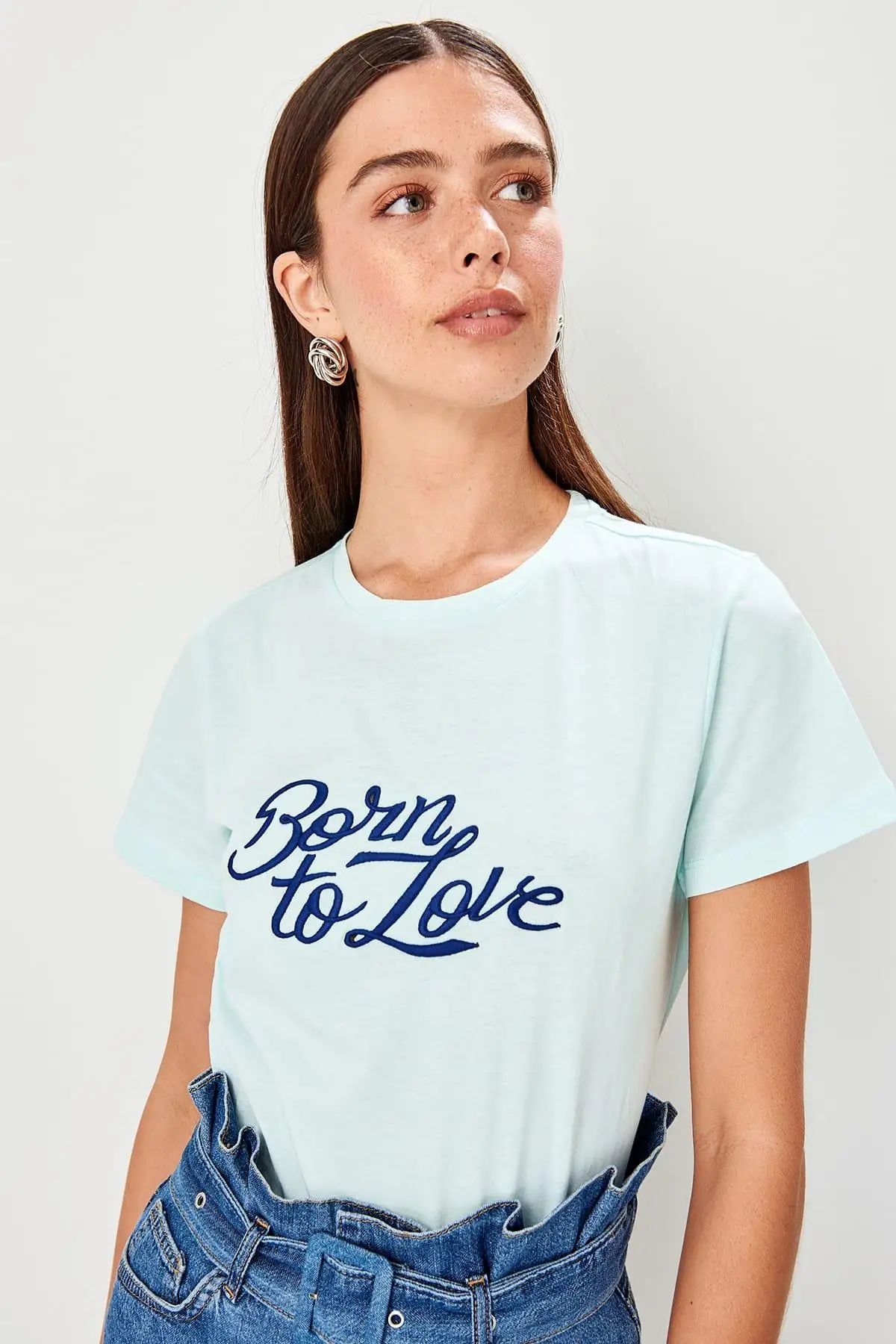 

Trendyol Mint Printed Basic Knitted T-Shirts TWOSS19TS0519