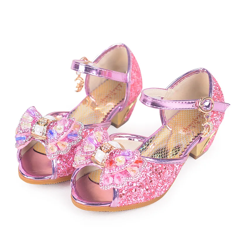 Сандалии для девочек, новинка года, летняя детская обувь на высоком каблуке, обувь принцессы с открытым носком для девочек, обувь с бантом, 26-37