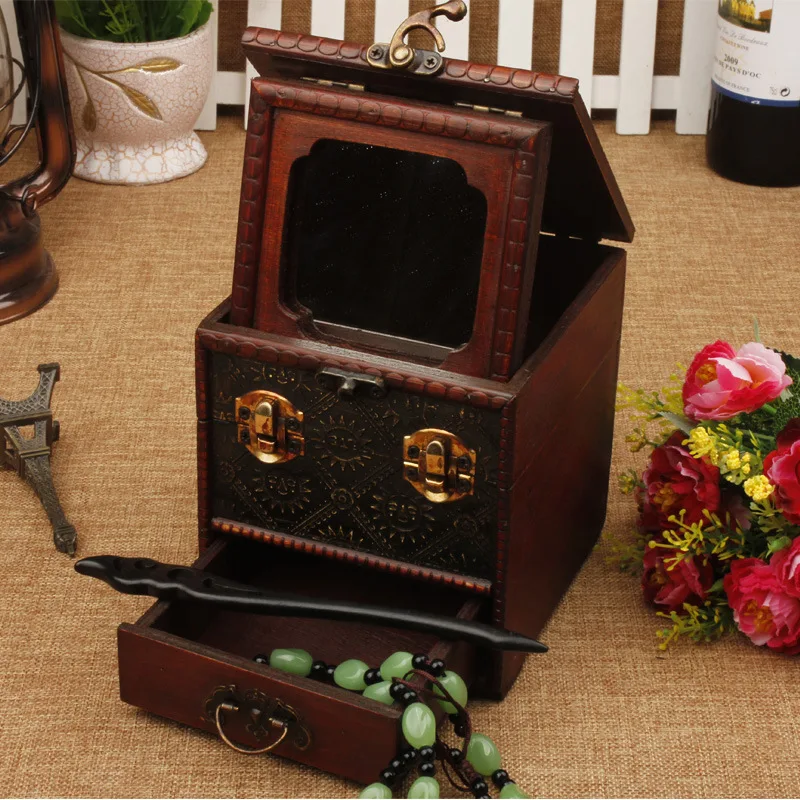 1 Pc Vintage Jewelry Storage Box With Drawer Metal Lock Wooden