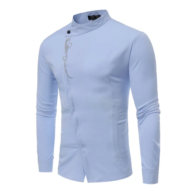 

Men Camisa Masculina Stand Collar Embroidery Pirnt Shirt Fit Slim Casual Business Shirt 2019 Male Clothing Gentleman Shirts