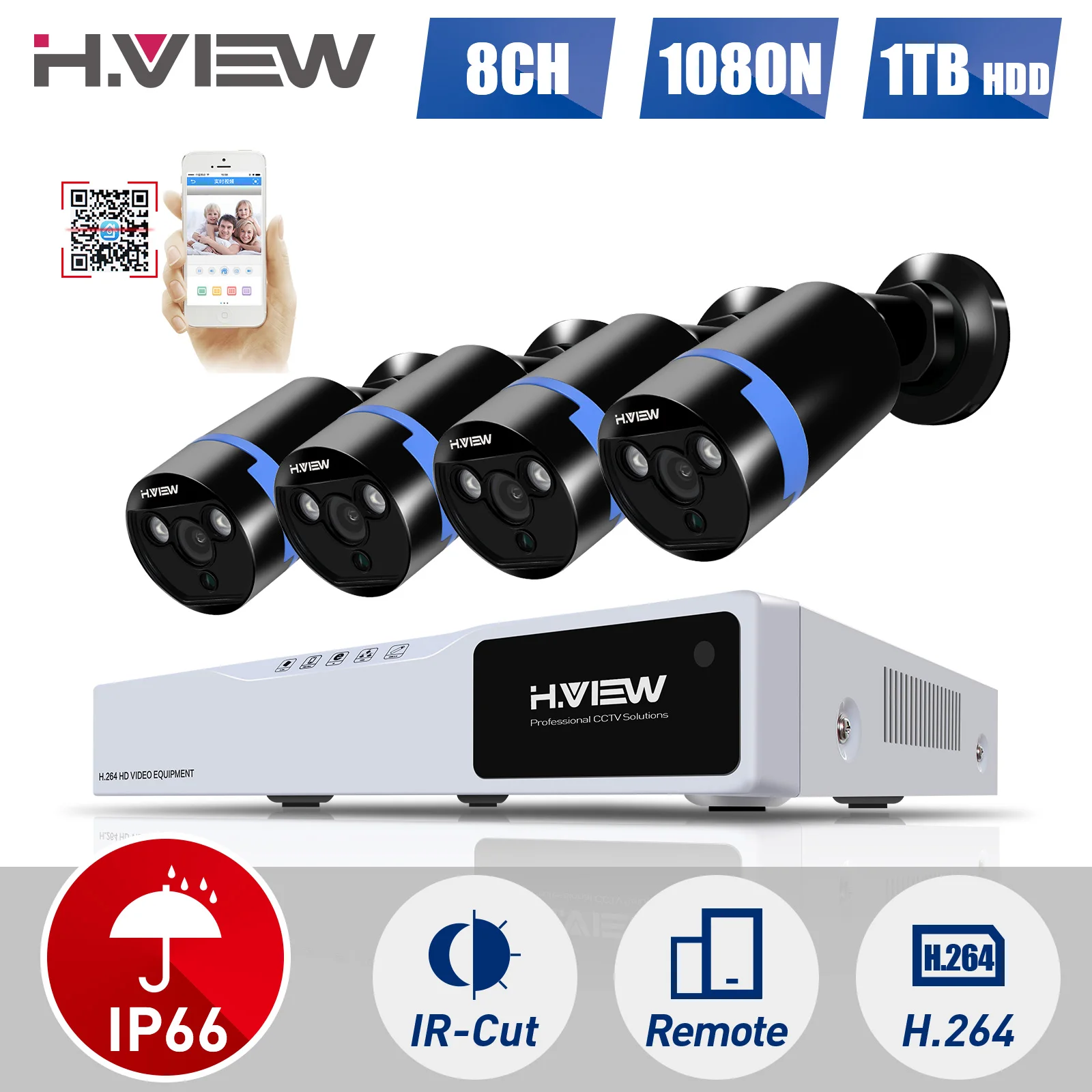 

H.View CCTV System 1080P Security Camera System 1TB HDD 8 CH AHD CCTV DVR 4 1080P Array IR LED CCTV Camera Easy Remote View