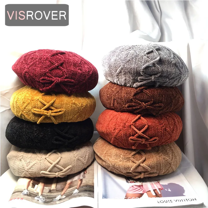 

VISROVER 2018 10colors new Autumn Winter Warm Solid Chenille beret Female Bonnet high quality vintage Caps with butterfly ribbon