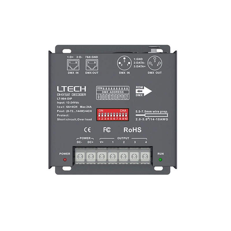 

New LTECH 4 Channel LED DMX decoder LT-904-DIP; 4CH CV DMX Decoder;DC12V - 24V input;6A*4CH Max. 24A 576W output XLR-3/RJ45