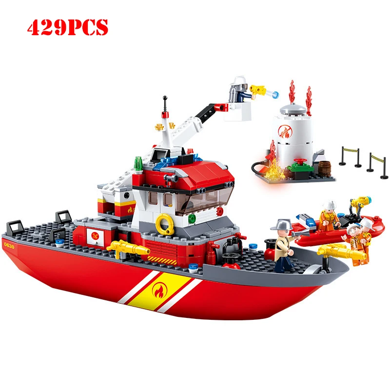 

429pcs City Fire Police Rescue Ship Building Blocks Compatible Legoing Technic Fire Fighting Boat Bricks Toys Gifts For Children