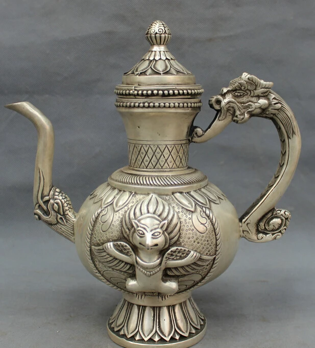 

S3492 10" Chinese Silver Dragon Head Statue Redpoll Buddha Teapot Wine Pot Flagon D0317
