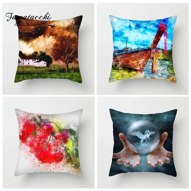 

Fuwatacchi Oil Painting Style Cushion Cover Deer Boat Sun Flower Printed Pillow Cover Scenic Decorative Pillows For Sofa Car