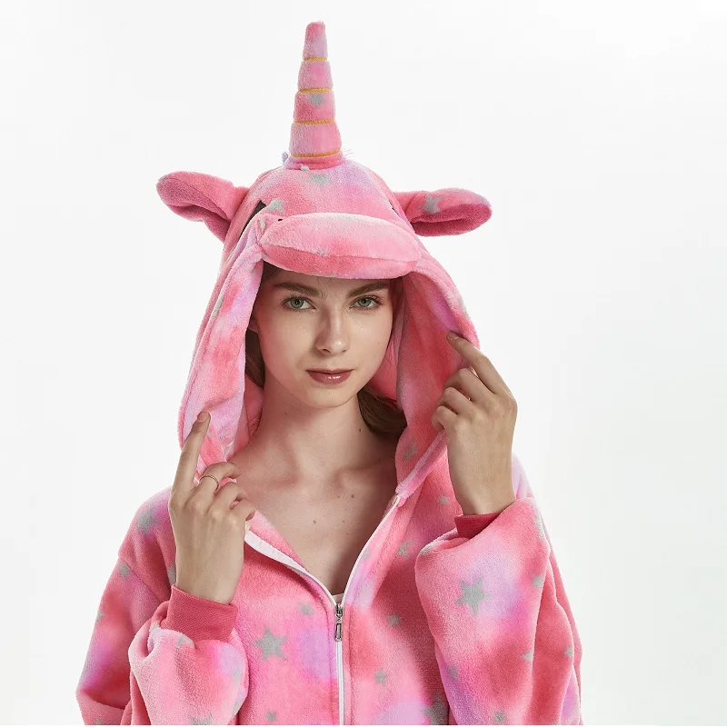 Новый розовый Stars Единорог Onesie для взрослых кигуруми зима Для женщин мультфильм