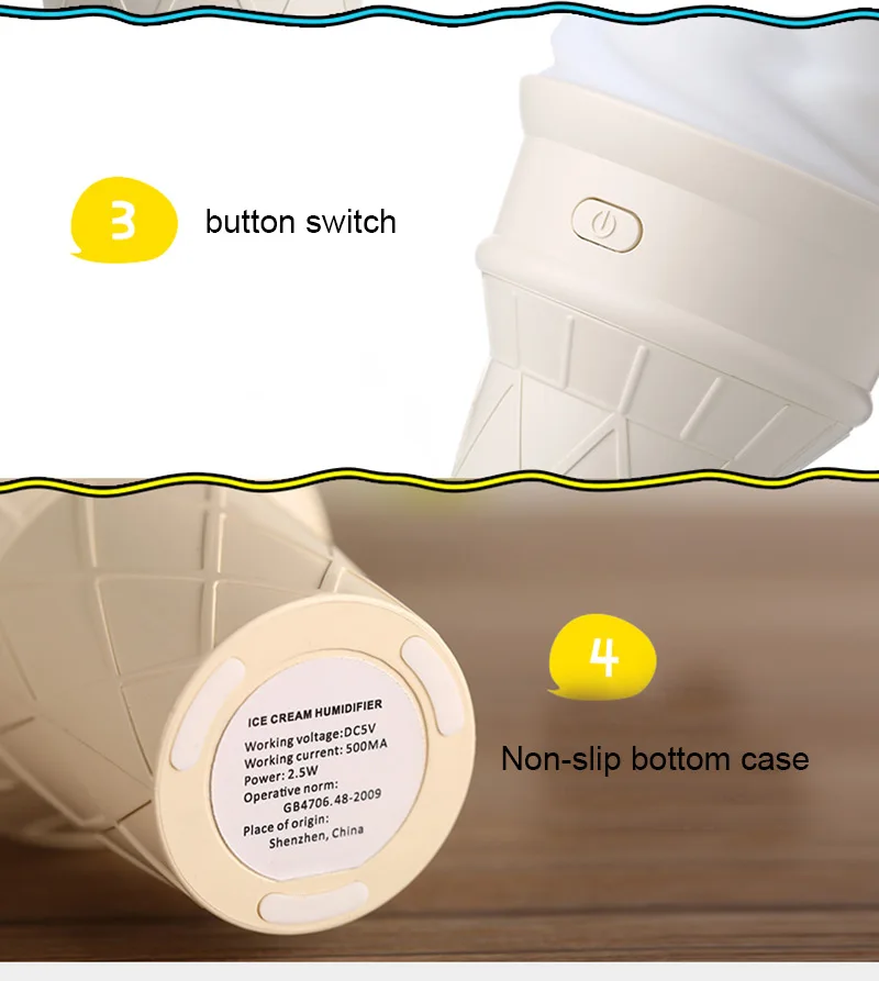 В форме мороженого увлажнитель воздуха с переключателем кнопки USB Перезаряжаемый и светодиодный ночник для украшения