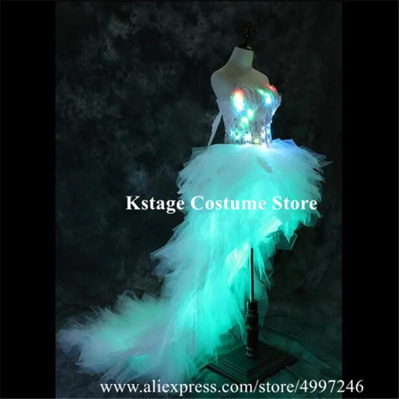 

KS11 Women evening dresses RGB colorful light Trailing skirt bellydance wears led costumes party luminous feather outfits rave