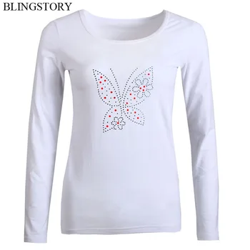 

BLINGSTORY Autumn Cotton Tee O-neck Diamond Plus Size Tops Female Casual Long Sleeve T-shirt S-6XL
