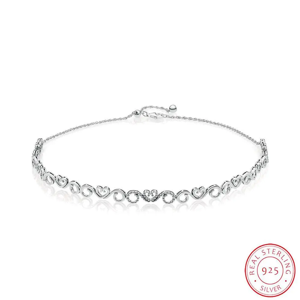 

2018 Mother Day 925 Sterling Silver Heart Swirls Choker Pandora Necklace, Clear Cz Fit Original Women Bead Charm Gift Jewelry