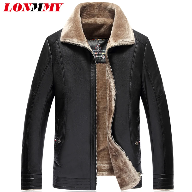 LONMMY 5XL 6XL 7XL Black leather jacket men Thick liner PU Suede faux fur collar Male leather jackets coats Outerwear 2017Winter