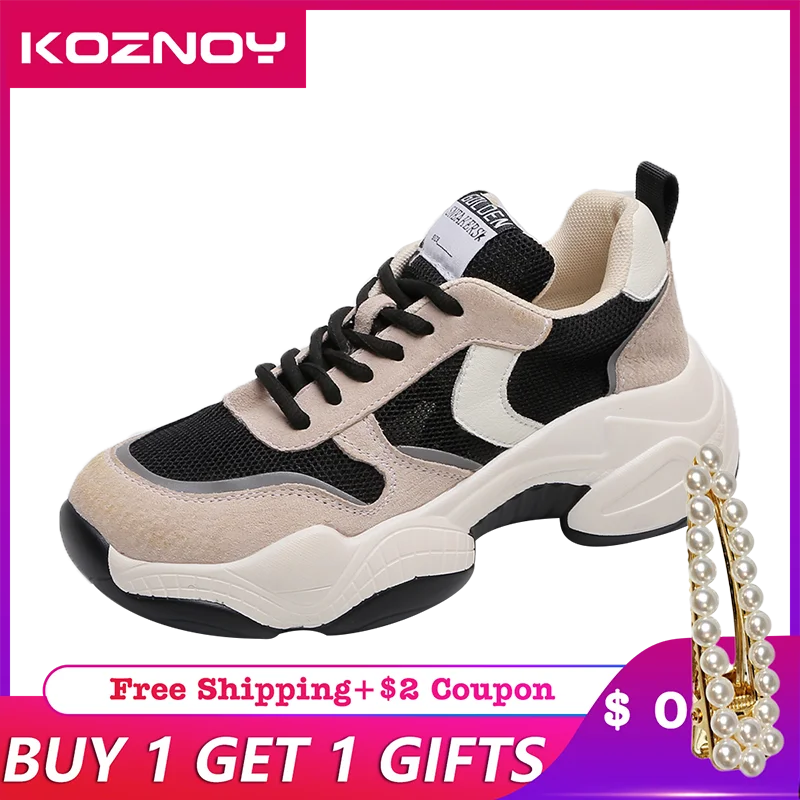 

Koznoy Sneakers Women Spring Autumn Fashion Dropshipping Thick Bottom Breathable Muffin Bottom Leisure Round Toe Women Shoes