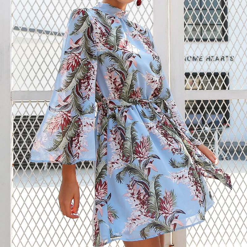 Image Sexy Open Back chiffon Dress Women s Floral Printed Casual Summer Flare Sleeve Dress Fashion Beach Mini Slim Dresses with Bow