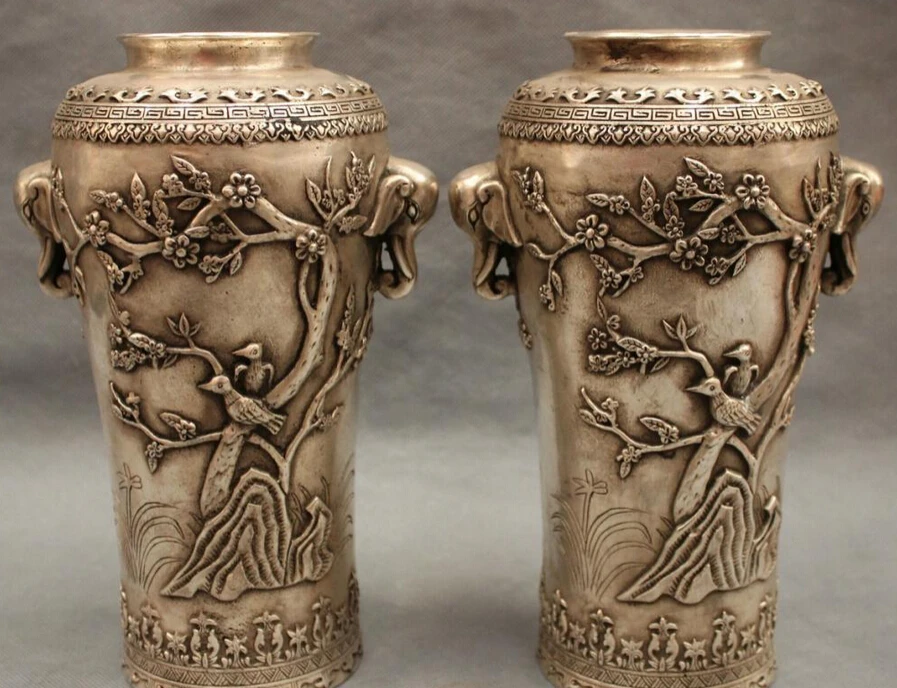 

S4598 9" Folk Chinese Silver Elephant Head Bird Tree Statue Flower Vase Pot Pair D0318