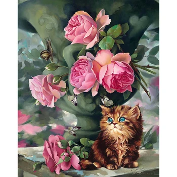 

Diamond mosaic diamond embroidery cat Vase Peony flowers diamonds cross stitch painting Inlay handwork Picture Pattern A3B