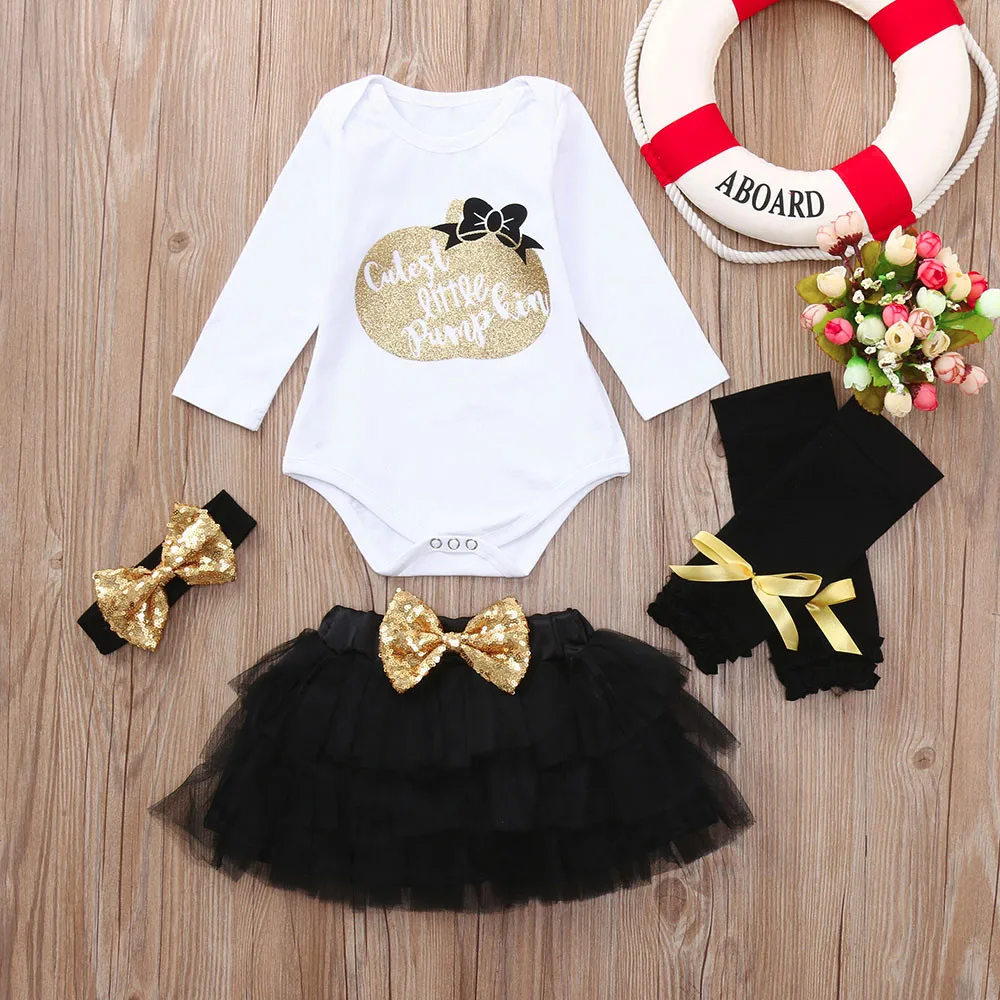 

winter girl clothes 4PC Leter Sequins full sleeve O-Neck Tops Romper Gauze Skirt Halloween Cloth Sets clothing kinderkleding