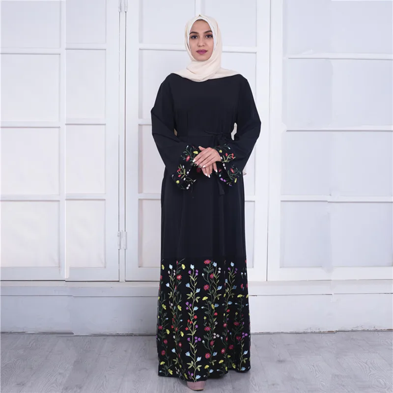 Black Women Islamic Clothing Abaya Flowers Embroidery Muslim Maxi Dress Sadoun.com