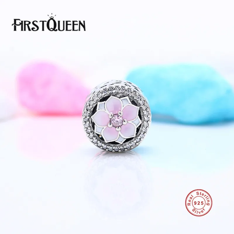 

FirstQueen Spring 925 Sterling Silver Magnolia Bloom Pale Cerise Enamel & Pink CZ Charm Fit Original European Bracelet Jewelry E