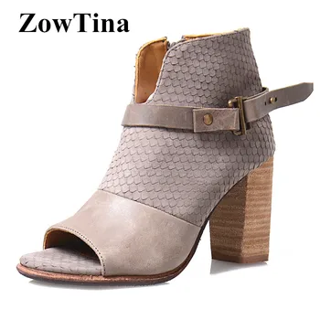 

Women Sexy Open Toe Ankle Boots Grey Genuine Leather Gladiator Ankle Strap Spring Booties 8cm Chunky High Heels Zapatillas Mujer