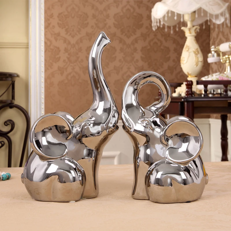 

Europe 2pcs/set Gold/Silver Lucky Feng Shui Elephant Figurine Ceramic Electroplating animals Crafts Home Office tabletop Decor
