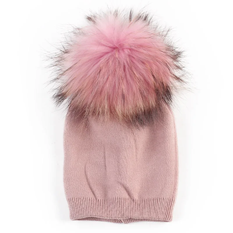 Детская шапочка, Осенняя шерстяная шапка Skullies, шапочки с помпоном из меха енота для новорожденных мальчиков и девочек, громоздкая зимняя шапка с помпоном из натурального меха - Цвет: Pink B