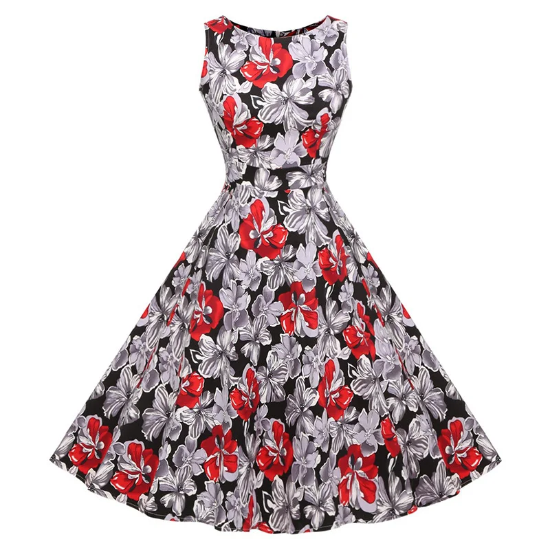 Kostlish Cotton Summer Dress Women 2017 Sleeveless Tunic 50s Vintage Dress Belt Elegant Print Rockabilly Party Dresses Sundress (81)