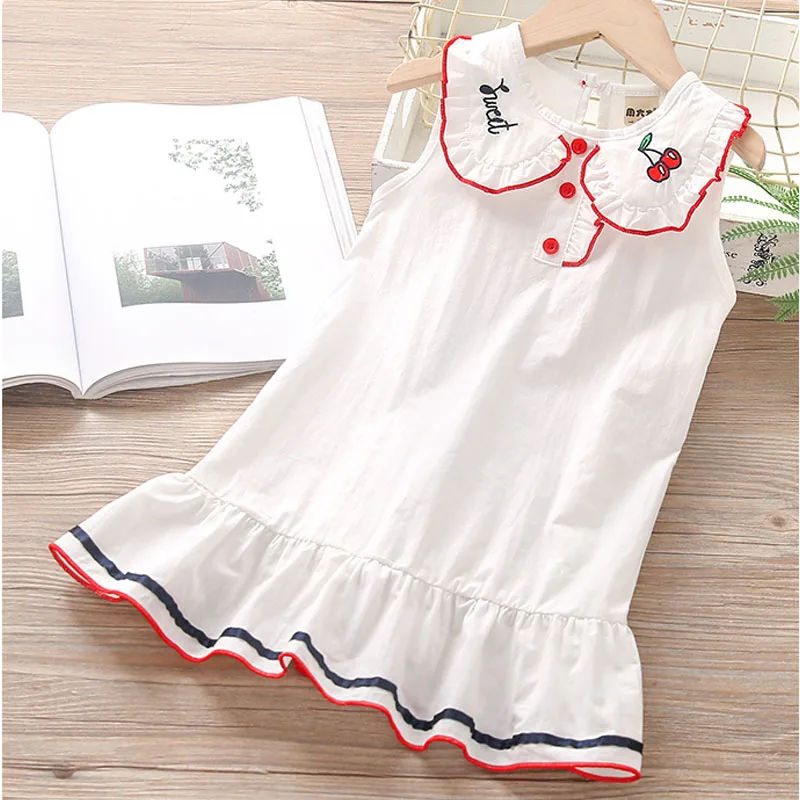 Girls Dresses 2019 Summer New Children's Clothing Cute Female Baby Cherry Embroidery Doll Collar Ruffled Striped Vest Dress | Детская