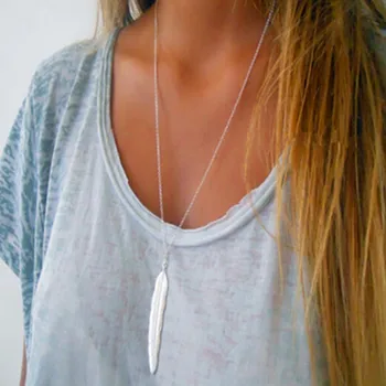 

Fashion Feather Pendant Necklaces Bohemian Style Leaf Long For Women Maxi Sweater Accessories Free Shipping